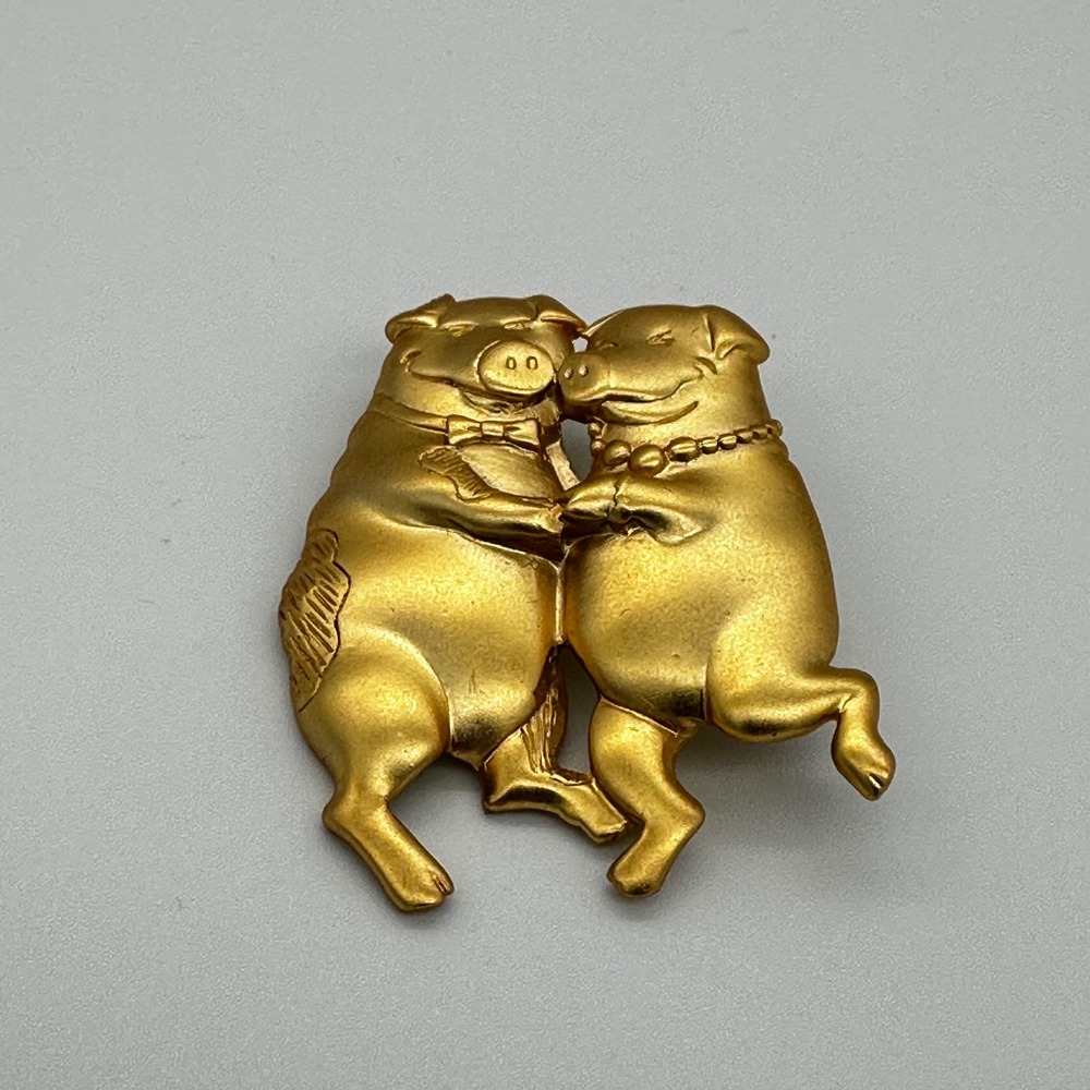 Vintage Dancing Pigs Brooch Gold Tone Animal Novelty Pin Matte Finish OS